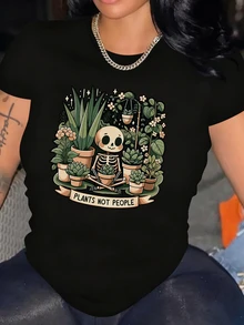 女士“植物不是人”骷髅图案T恤，常规版型植物印花T恤，舒适衬衫，适合植物爱好者，时尚休闲圆领上衣，黑色 - 黑色 - 查看 3