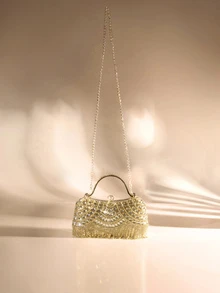 Etoivie 1pc New Rhinestone Embellished Evening Clutch - Shiny Sequin Handbag With Tassel Decor, Suitable For Pairing With Wedding Gowns And Bridesmaid Dresses, Comes With Detachable Metal Chain Shoulder Strap, Perfect Gift For Women, Ideal For Parties, Weddings, Galas, Formal Events, Can Be Matched With Holiday Party Dresses, Formal Gowns And Sequin Dresses, An Elegant Ball Gown Purse. Wedding Wedding - Gold - View 5