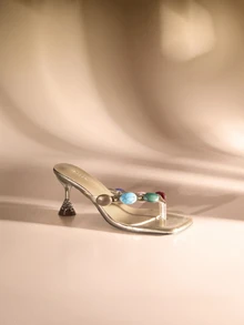 Etoivie 时尚高跟凉鞋，新款设计，饰以彩色宝石，窄带女士人字拖，适合夏季派对、婚礼、宴会等场合，金色女士高跟凉鞋，婚礼必备 - 金色 - 查看 5