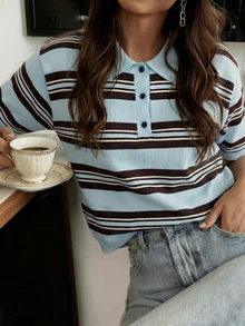 SEREN 夏季新款宽松休闲复古短袖 Polo 衫，女士针织条纹衬衫，夏季度假装 - 彩色 - 查看 2