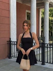 女士夏季时尚休闲露背吊带系腰带性感黑色连衣裙，2026新款 - 黑色 - 查看 3