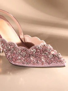 Etoivie 秋冬粉色弹力带后跟镶钻女士凉鞋，尖头露跟方跟高跟鞋，独特设计，优雅，适合派对和婚礼穿着 - 粉色 - 查看 5