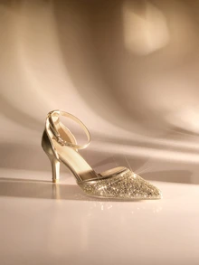 Etoivie Gold Sequined Stiletto With Ankle Strap And Pointed Toe, High Heels With Hollow Out Design For Women's Spring And Autumn Outfit, Fashionable - Gold - View 3