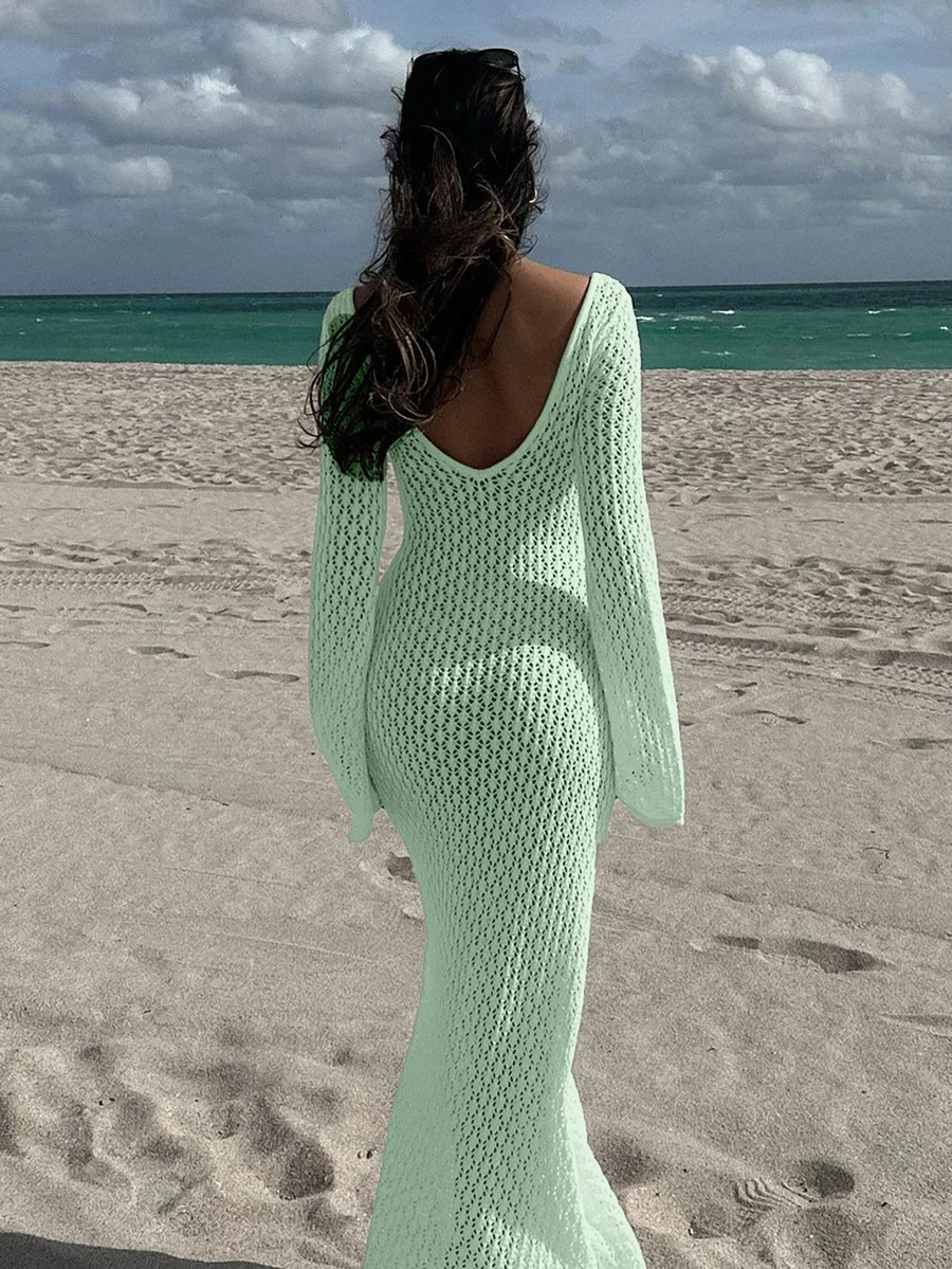 女士长袖镂空泳衣罩衫，优雅波西米亚海滩度假风V领连衣裙