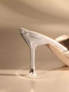 Etoivie 2025年秋冬女士高跟鞋，带钻石和链条细节，尖头，适合日常和派对穿着，优雅，穆勒鞋 - 銀色 - 查看 4