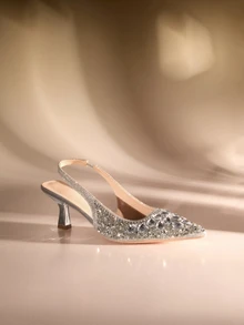 Etoivie 银色凉鞋，欧美风格，性感尖头低帮水钻高跟鞋，闪亮装饰，细高跟凉鞋，派对凉鞋，情人节婚礼凉鞋 - 銀色 - 查看 2