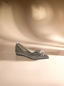 Etoivie Chaussures pour femmes à bout pointu et talon épais, style français. Nouvelle arrivée 2024. Chaussures plates à strass et col bas. Mocassins chics grande taille 41-43 pour mariage - Gris - Voir 2