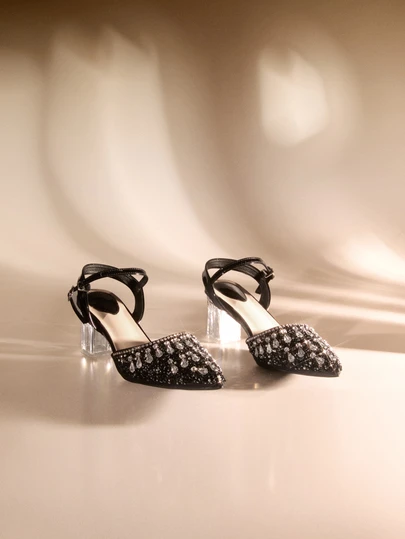 Etoivie 女士纯色尖头水钻装饰舒适耐用一脚蹬高跟鞋，百搭时尚宴会/舞会优雅粗跟封闭式鞋头后系带高跟鞋，适合夜总会、婚礼