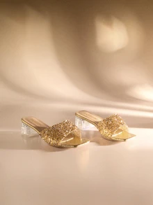 Etoivie Women's Transparent Crystal Embellished Square Toe Chunky Heel Sandals, Elegant & Versatile New Design - Gold - View 1