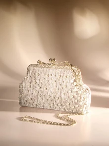 Etoivie 2024年新款春秋時尚帶珠飾、摺皺工藝貝殼包,簡約鏈條可攜式斜跨包 - 卡其色 - 查看 3