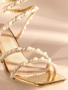 Etoivie 高跟鞋、女鞋、女士凉鞋、系带高跟鞋、凉鞋、优雅方头凉鞋、细带高跟鞋、珍珠水钻装饰、露趾凉鞋、低跟凉鞋、适合派对、舒适、百搭、易于穿搭，适合婚礼等场合。 - 金色 - 查看 4