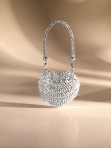 Etoivie 奢华迷你水钻镶嵌心形水晶手拿包，镶嵌水钻，适合晚宴、婚礼、派对等场合，单肩包，手提包，水钻手袋，婚礼，婚礼 - 銀色 - 查看 1