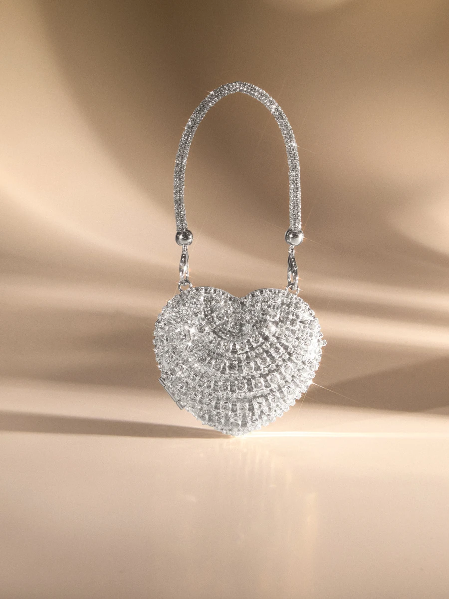 Etoivie 奢华迷你水钻镶嵌心形水晶手拿包，镶嵌水钻，适合晚宴、婚礼、派对等场合，单肩包，手提包，水钻手袋，婚礼，婚礼 - 銀色 - 查看 1