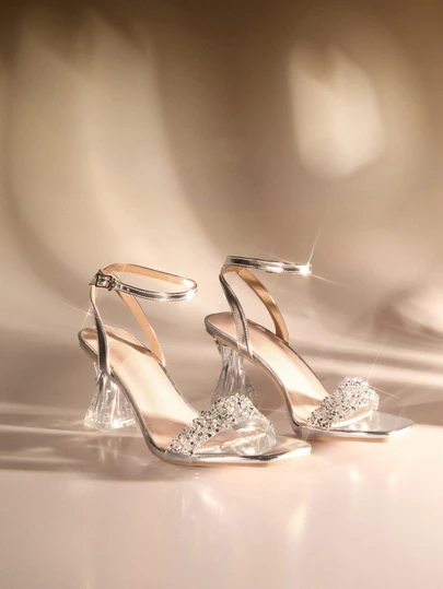 Etoivie 2024 New Arrivals Women'S Silver Fashionable Metallic Sparkling Rhinestone Decor Chunky Heel Clear Toe & Ankle Strap Sandals, With Crystal Heel, Perfect For Beach, Party Wedding, Indoor & Outdoor Wear Valentines Wedding