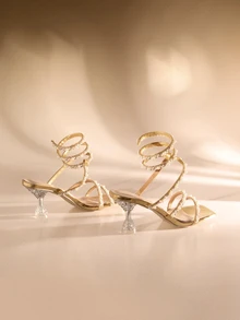 Etoivie 高跟鞋、女鞋、女士凉鞋、系带高跟鞋、凉鞋、优雅方头凉鞋、细带高跟鞋、珍珠水钻装饰、露趾凉鞋、低跟凉鞋、适合派对、舒适、百搭、易于穿搭，适合婚礼等场合。 - 金色 - 查看 3