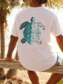 1pc Men's Graphic Print T-Shirt, Beach Summer Wear, Loose Fit Short Sleeve Tee - White - View 1
