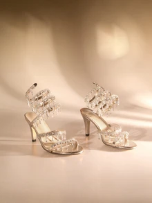 Etoivie Women's Thin High Heel Sandals, Fashion Minimalist Strap With Rhinestone Snake Wrap Round Toe, Suitable For Summer & Autumn Wedding - Gold - View 1