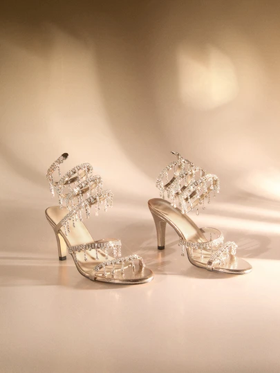 Etoivie Women's Thin High Heel Sandals, Fashion Minimalist Strap With Rhinestone Snake Wrap Round Toe, Suitable For Summer & Autumn Wedding