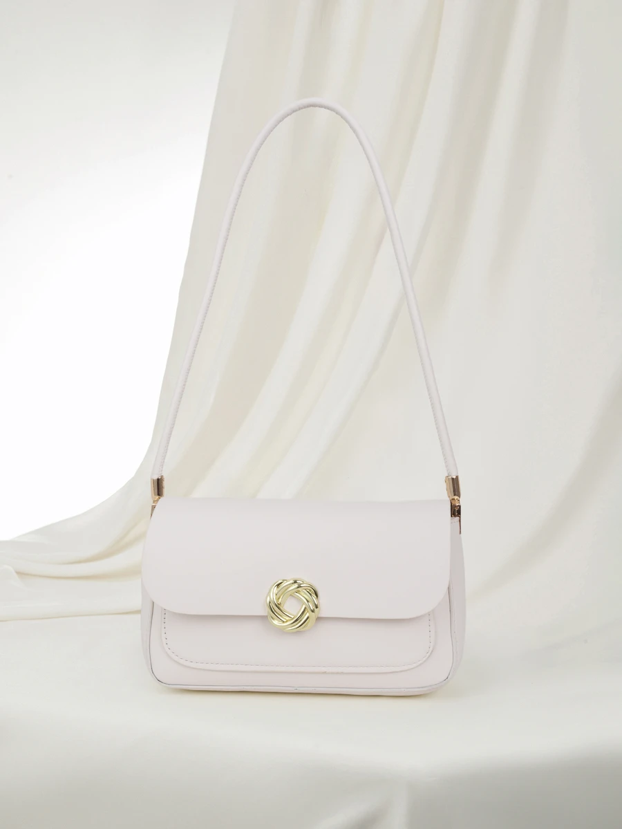 Clariva Elegante Bolso De Hombro Retro Decorado Con Herrajes Redondos De Color Sólido - Beis - Ver 1