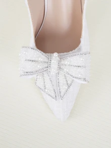 Clariva 2024秋冬新款高跟尖头水晶装饰法式蝴蝶结透明仙女带凉鞋，情人节、优雅、婚礼必备 - 白色 - 查看 3
