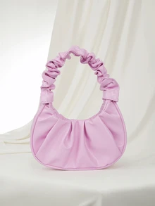 Clariva Mini Solid Color Women Pleated Handbag, Solid Color Cloud & Crescent Design Women Shoulder Bag , Pink - Pink - View 3