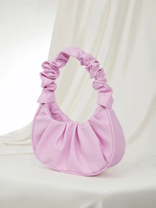 Clariva Mini Solid Color Women Pleated Handbag, Solid Color Cloud & Crescent Design Women Shoulder Bag , Pink - Pink - View 2