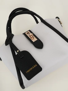 Clariva 1pc Litchi Texture Solid Color Fashion Zipper Closure PU Leather Handbag With Scarf Ornament, Suitable For Daily Use - Black and White - View 4