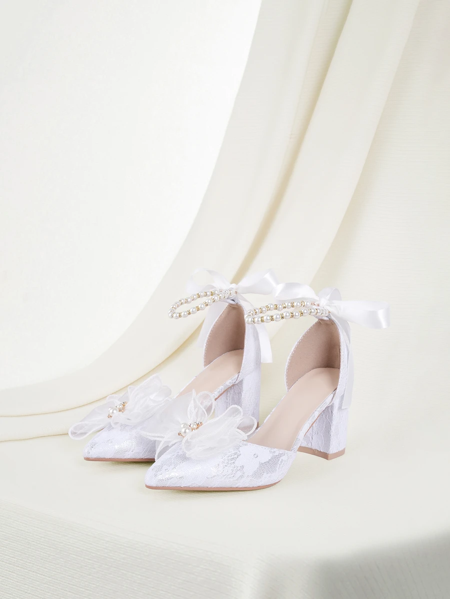 Clariva 秋冬女士高跟鞋 时尚性感白色婚鞋 新娘高跟鞋 走秀款 女士鞋 蝴蝶结人造珍珠圆头粗跟 情人节、优雅、派对 - 白色 - 查看 1