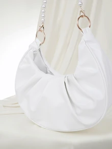 Clariva 女士素色珍珠鏈肩袋，皺褶雲形手提包 - 白色 - 查看 5