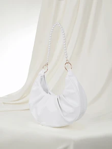 Clariva 女士素色珍珠鏈肩袋，皺褶雲形手提包 - 白色 - 查看 2