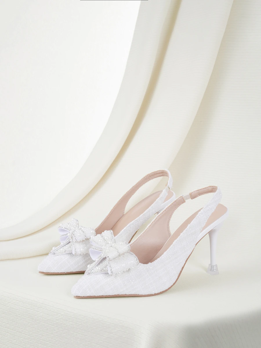 Clariva 2024秋冬新款高跟尖头水晶装饰法式蝴蝶结透明仙女带凉鞋，情人节、优雅、婚礼必备 - 白色 - 查看 1