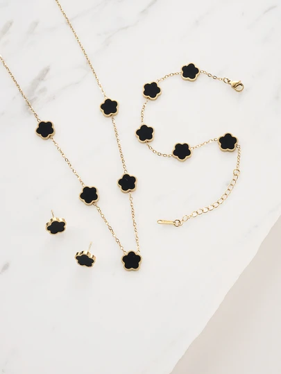 Clariva 4pcs Stainless Steel 5 Petals Flower Jewelry Set: 1 Necklace + 1 Bracelet + 2 Earrings, Elegant & Fashion For Women Valentines,Mom,Mother,Mother's Day,Gift