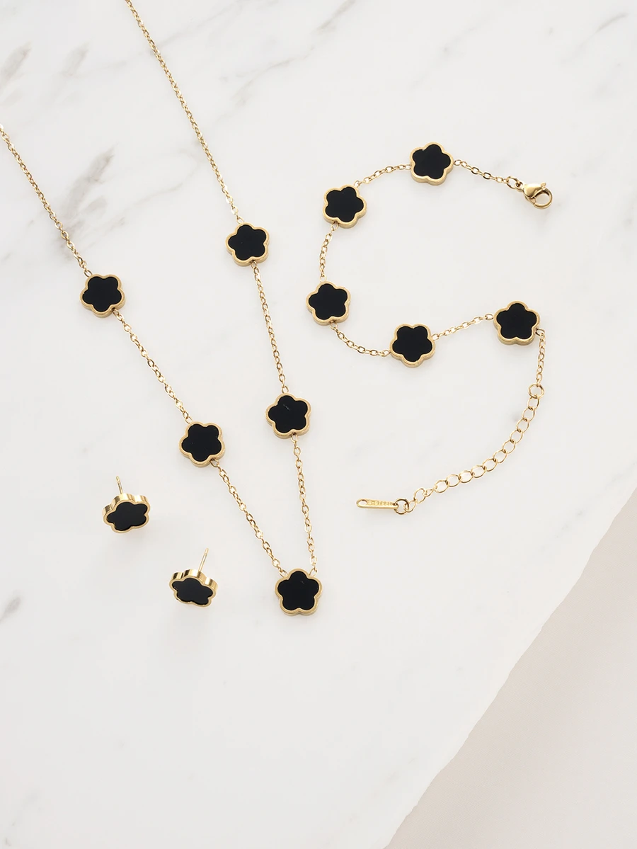 Clariva 4pcs Stainless Steel 5 Petals Flower Jewelry Set: 1 Necklace + 1 Bracelet + 2 Earrings, Elegant & Fashion For Women Valentines,Mom,Mother,Mother's Day,Gift - Flower Style - View 1