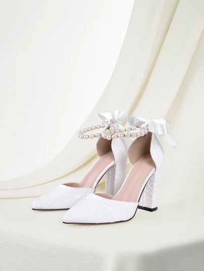 Clariva 2025秋冬女士仿珍珠蝴蝶结装饰踝带尖头高跟鞋，情人节，优雅，派对装扮
