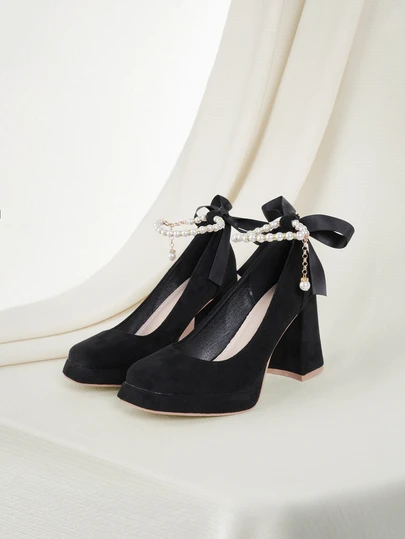 Clariva 秋冬时尚仿珍珠链条毛绒蝴蝶结粗跟高跟鞋，防水厚底，适合女士婚礼、优雅派对等场合