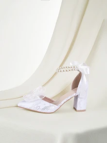 Clariva 秋冬女士高跟鞋 时尚性感白色婚鞋 新娘高跟鞋 走秀款 女士鞋 蝴蝶结人造珍珠圆头粗跟 情人节、优雅、派对 - 白色 - 查看 2