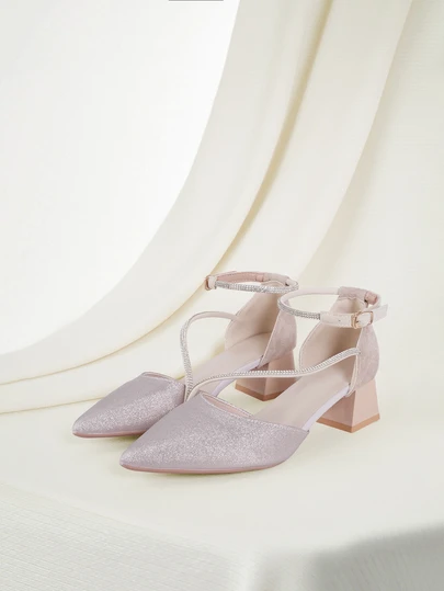 Clariva 秋冬女士水钻装饰尖头粗跟踝带高跟鞋，魅力户外高跟鞋，优雅派对鞋