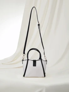 Clariva 1pc Litchi Texture Solid Color Fashion Zipper Closure PU Leather Handbag With Scarf Ornament, Suitable For Daily Use - Black and White - View 3