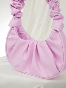 Clariva Mini Solid Color Women Pleated Handbag, Solid Color Cloud & Crescent Design Women Shoulder Bag , Pink - Pink - View 4