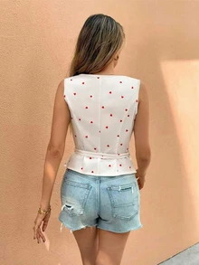 Chaleco informal de mujer con estampado de corazones y cierre de un solo pecho, para verano - Multicolor - Ver 2