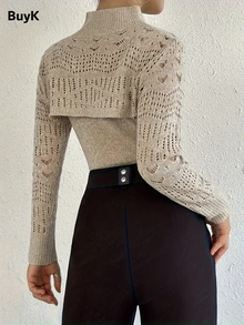 BuyK [Top] Women's Cute Summer Top, Mock Neck Hollow-Out Knit Sweater, Retro Hollow-Out Design, 3D Cable Texture, Artistic Chest Hollow-Out Detail - Khaki - View 2