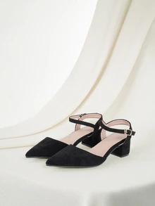 Clariva 2025秋冬季女士黑色极简主义踝带粗跟高跟鞋，优雅尖头高跟鞋，优雅 - 黑色 - 查看 1