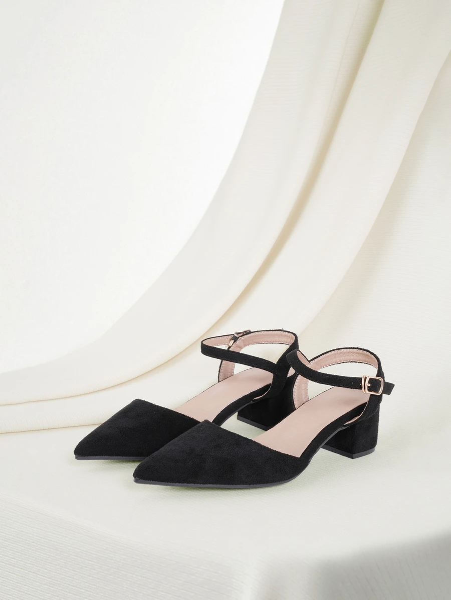 Clariva 2025秋冬季女士黑色极简主义踝带粗跟高跟鞋，优雅尖头高跟鞋，优雅 - 黑色 - 查看 1