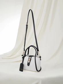 Clariva 1pc Litchi Texture Solid Color Fashion Zipper Closure PU Leather Handbag With Scarf Ornament, Suitable For Daily Use - Black and White - View 2