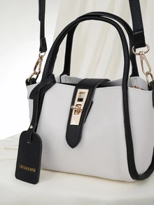 Clariva 1pc Litchi Texture Solid Color Fashion Zipper Closure PU Leather Handbag With Scarf Ornament, Suitable For Daily Use - Black and White - View 5