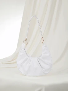 Clariva 女士素色珍珠鏈肩袋，皺褶雲形手提包 - 白色 - 查看 3