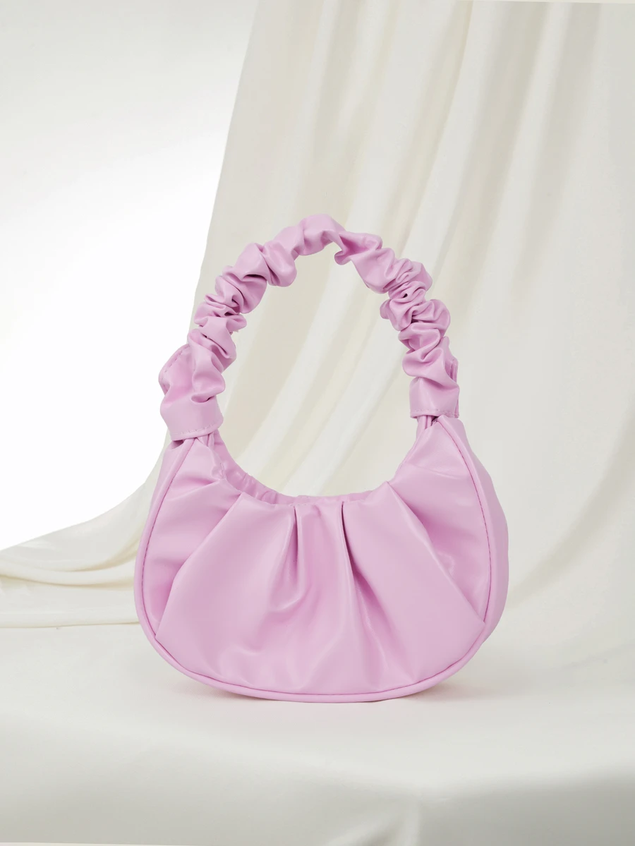 Clariva Mini Solid Color Women Pleated Handbag, Solid Color Cloud & Crescent Design Women Shoulder Bag , Pink - Pink - View 1
