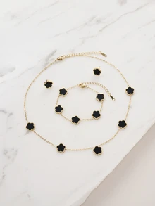 Clariva 4pcs Stainless Steel 5 Petals Flower Jewelry Set: 1 Necklace + 1 Bracelet + 2 Earrings, Elegant & Fashion For Women Valentines,Mom,Mother,Mother's Day,Gift - Flower Style - View 5