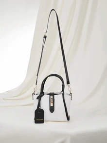 Clariva 1pc Litchi Texture Solid Color Fashion Zipper Closure PU Leather Handbag With Scarf Ornament, Suitable For Daily Use - Black and White - View 1