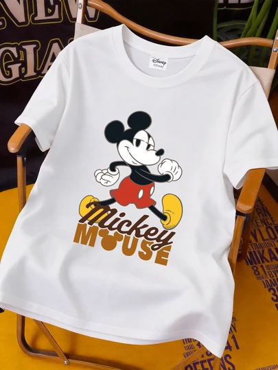 Disney Men's Casual Short Sleeve Round Neck T-Shirt, Featuring Classic Mickey Running Graphic And Black Letter Print, Suitable For Everyday Wear All Season. Men's Graphic Tee, Men's Apparel.